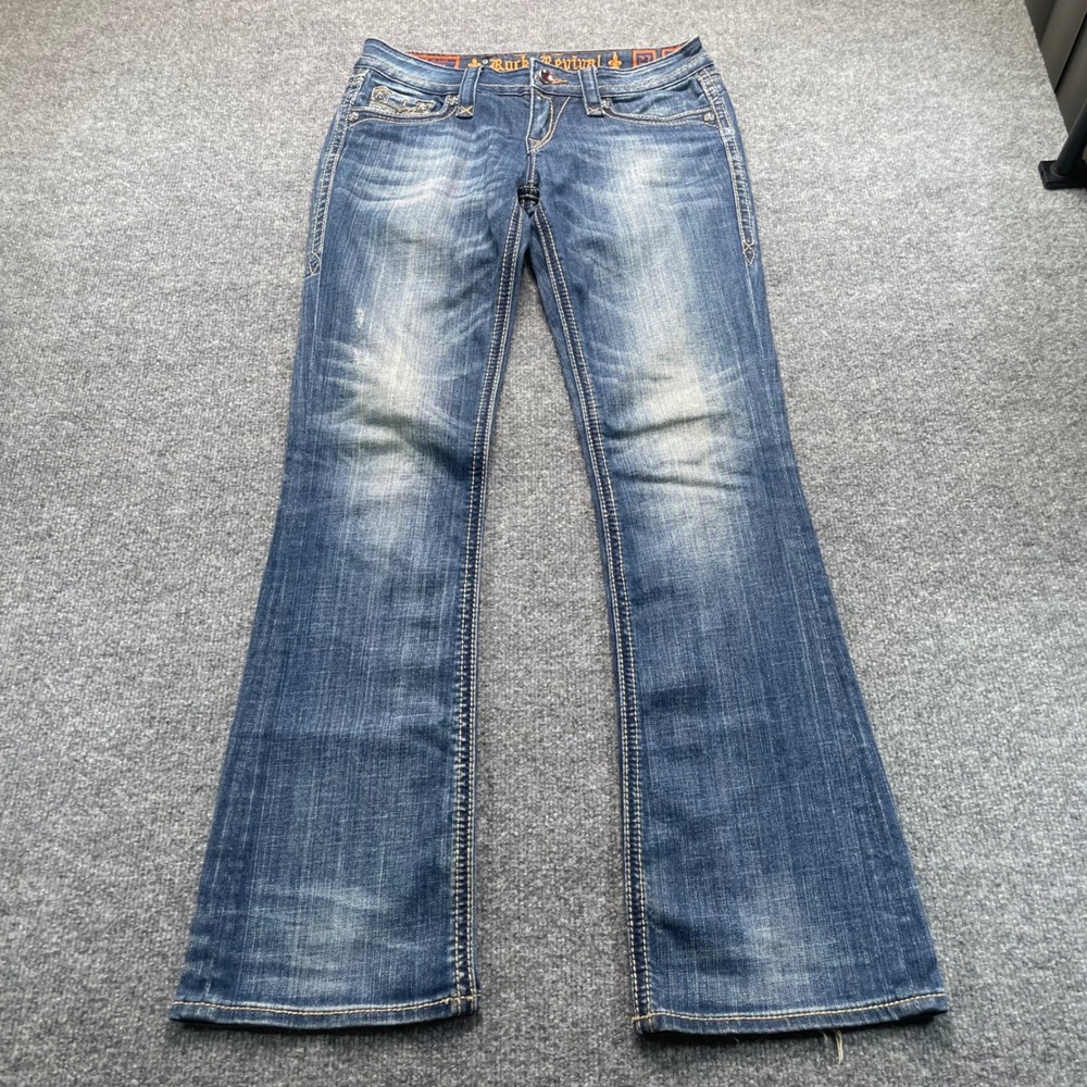 Rock Revival Sara Bootcut Jeans Women 27 Blue Distressed Fleur De Lis RE8266BL